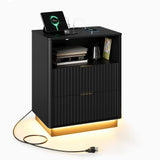 Garvee Fluted bedside table with Charging Station & LED Light - 2 Drawer Modern Bedside Table - Curved Mid Century Design - Large Storage - Black - US Standard