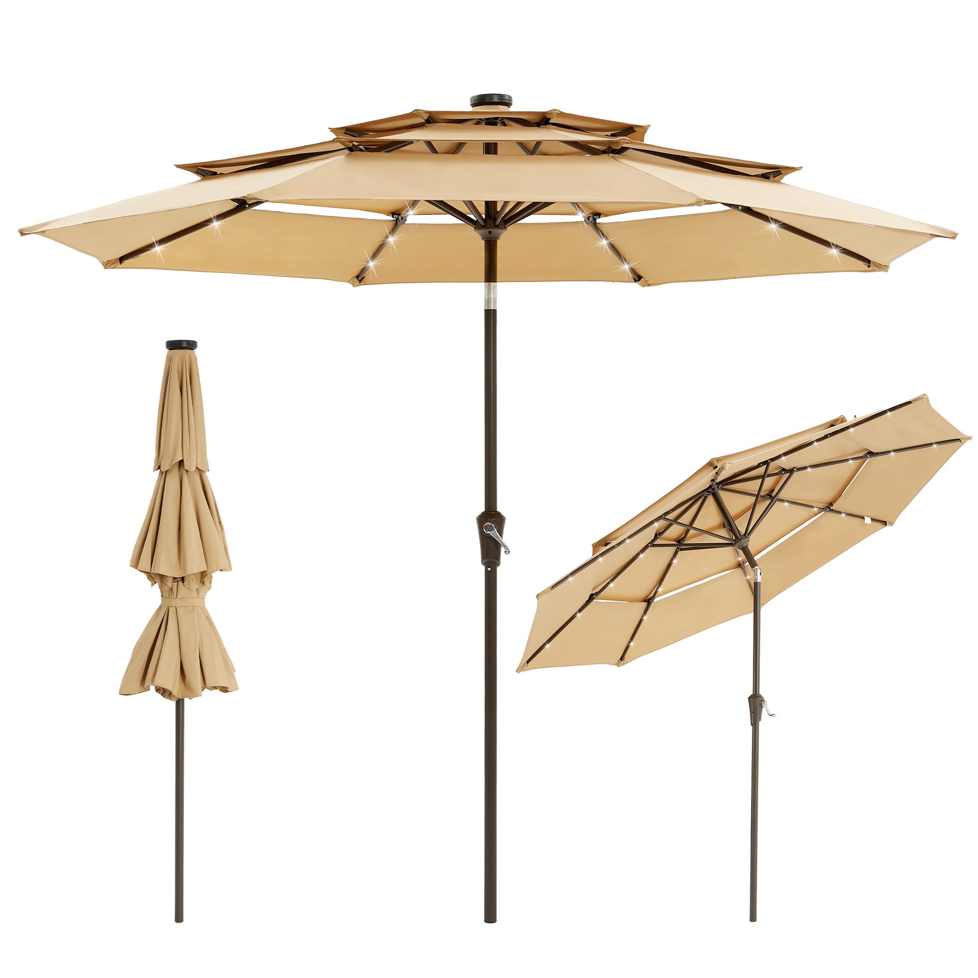 Garvee 9FT 3-Tier Solar LED Patio Umbrella, UV-Resistant Outdoor Market Umbrella with Crank & Tilt, 24 LED Lights & 8 Ribs, Khaki