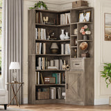 Garvee 74" Tall Corner Bookshelf, 6-Tier L-Shaped Corner Bookcase with Open Shelves, Drawer & Cabinet, Modern Display Storage for Home Office, Gray - Gray