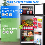 Garvee Energy-Efficient Double Door Compact Refrigerator with Freezer - 7.5 Cu.Ft, Adjustable 7-Level Thermostat, LED Lighting, Ultra Quiet, Removable Glass Shelves, Reversible Door, Ideal for Dorm, Office, Apartment, Kitchen - BCD-212 7.5cu.ft Double - Black
