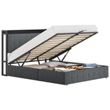 Garvee Full Size Lift-Up Storage Bed Frame, Button-Tufted Upholstered Headboard with Charging Ports, Noise-Free Heavy Duty Metal Platform, Wooden Slats, No Box Spring Needed, Dark Grey (no GRB LED/socket) - Gray without Light