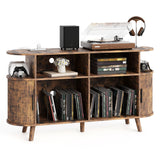 Garvee 55" Round Record Player Stand with Vinyl Storage, Mid-Century Modern Fluted Turntable Cabinet, USB Charging Ports & Power Outlets, Open Display Shelves - Anti-Corrosion Wood - Rustic Wood