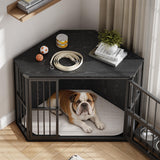 Garvee Space-Saving Corner Dog Crate Furniture – Wooden Indoor Kennel End Table with 360° Rotating Door, Stainless Steel Feeding Bowls, Decorative Design for Small Breeds, Black Relief + Black Iron Frame - Black