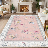 Garvee 5' × 7' Floral Border Area Rug, Machine Washable Non-Slip Low-Pile Soft Rug for Living Room, Bedroom & Dining Room, Pink