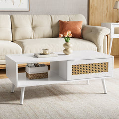 Garvee Wood Coffee Table with Storage, Boho Center Sofa Table with Sliding Door and Open Shelf for Living Room, Bedroom, Easy Assembly - White