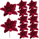 Garvee 12 Pcs 12 in Large Artificial Christmas Flowers Poinsettias, Glitter Fake Xmas Holiday Magnolia Flowers with Stems, Large Floral Picks for Christmas Tree Wreath, Red