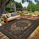 Garvee Reversible Outdoor Rug - Large Waterproof & UV Resistant Patio Carpet - Non-Slip, Easy Clean Straw Mat for Deck, Garden, Camping, RV - Vintage Medallion Design - Black Brown, 9x18ft - Black & Brown