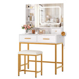 Garvee Vanity Desk, Makeup Vanity Desk with Mirror and Lights 3 Colors, Dressing Table with Chair, Makeup Table Set with 4 Drawers, Power Outlet & Storage Shelves, for Bedroom, White - White1