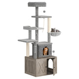 Garvee Litter Box Enclosure with Cat Tree, 2-In-1 Modern Cat Tower, Hidden Washroom Furniture, Wood Cat Condo with Scratching Post and Hammock, Indoor Pet Furniture with Multiple Platform, Gray - Gray