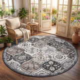 Garvee North African Trellis Washable Round Area Rug – Mark Resistant, Non-Slip, Low Pile Vintage Distressed Carpet for Living Room, Bedroom, Nursery – 5ft, Gray Coffee - Gray
