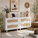 Garvee Rattan bedside tables Set of 2 with Charging Station, 4-Drawer Boho Bedside Tables - USB Ports & AC Outlet - Cane Wood End Tables for Bedroom - 2-Pack (White) - White
