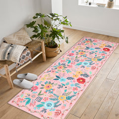 Garvee Washable Floral Area Rug, Colorful Boho Botanical Flower Rug with Non-Slip Backing, Soft Indoor Decorative Carpet for Living Room Bedroom Nursery Kids Room Entryway, Pink, 2x6 - Pink