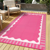 Garvee Reversible Waterproof Outdoor Rug - Modern Rose Red & White Wave Design - UV & Mark Resistant, Easy to Clean Patio Mat for Garden, Camping, Backyard, Porch - 8x10ft, Rose Red/White - Hot Pink