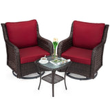 Garvee 3-Piece Swivel Rocker Patio Bistro Set, Outdoor Wicker Chairs with 4" Red Cushions & 2-Tier Table - Red