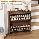 Garvee Slim Rattan Shoe Cabinet for Entryway, Narrow Hidden Shoe Storage w/ Doors, 3 turn Drawers, Adjustable Shelves, Freestanding for Hallway/Closet - Color: Brown Wood Grain - Brown Wood Grain