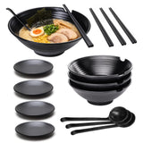Garvee Japanese Melamine Ramen Bowl Set of 4 - 4-in-1 Black Pasta Bowls with Chopsticks, Spoons, Plates - Durable Asian Dinnerware for Ramen, Pho, Udon - Deluxe Serving Set, 23.2×23.2×8.2cm
