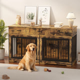 Garvee 71" Dog Crate Furniture for 2 Dogs, Heavy Duty Double Dog Kennel with 3 Drawers, Extra Large Furniture Style Indoor Dog Crate Table TV Stand  for Medium/Large Dogs, Brown - Brown
