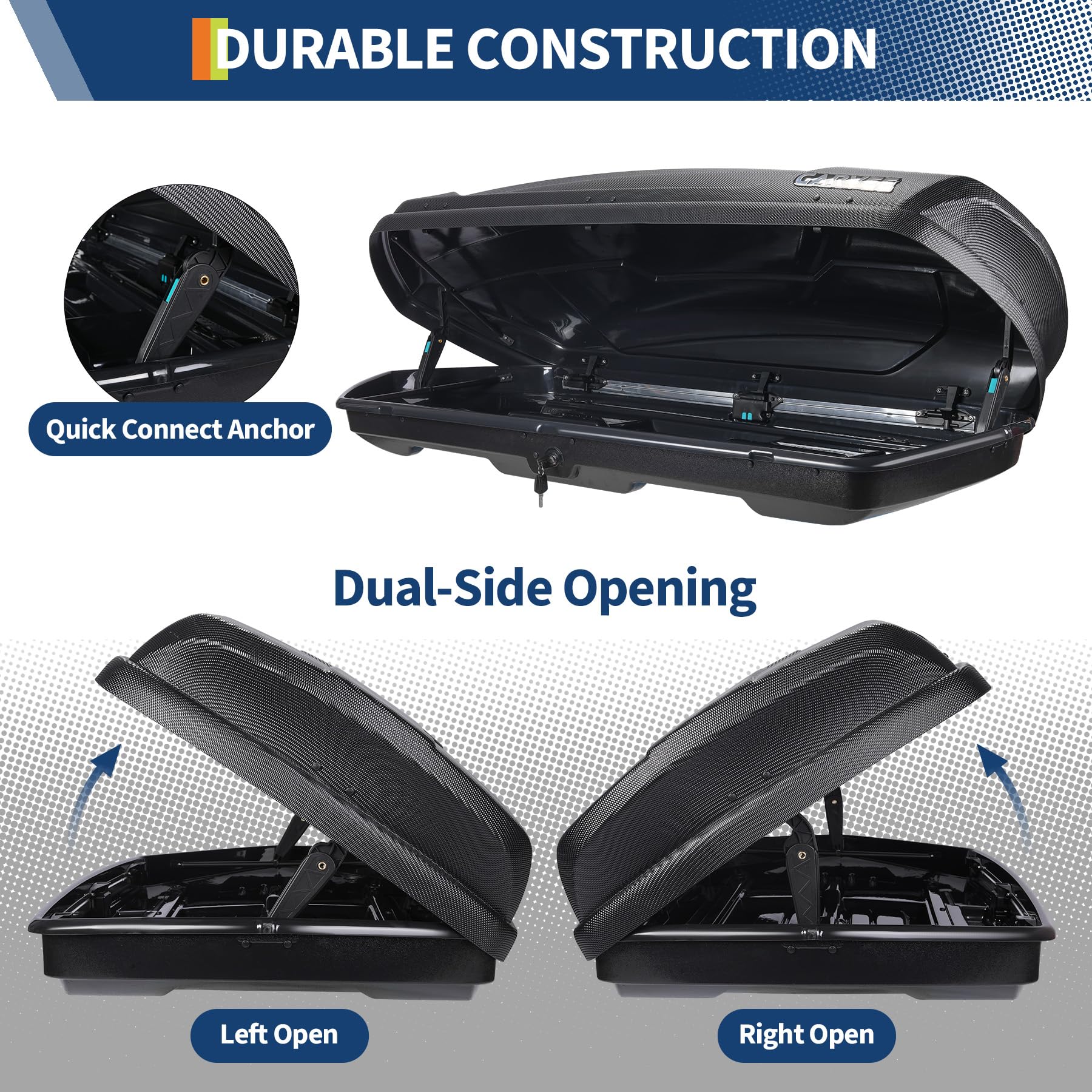 black rooftop cargo box with dual side opening access
