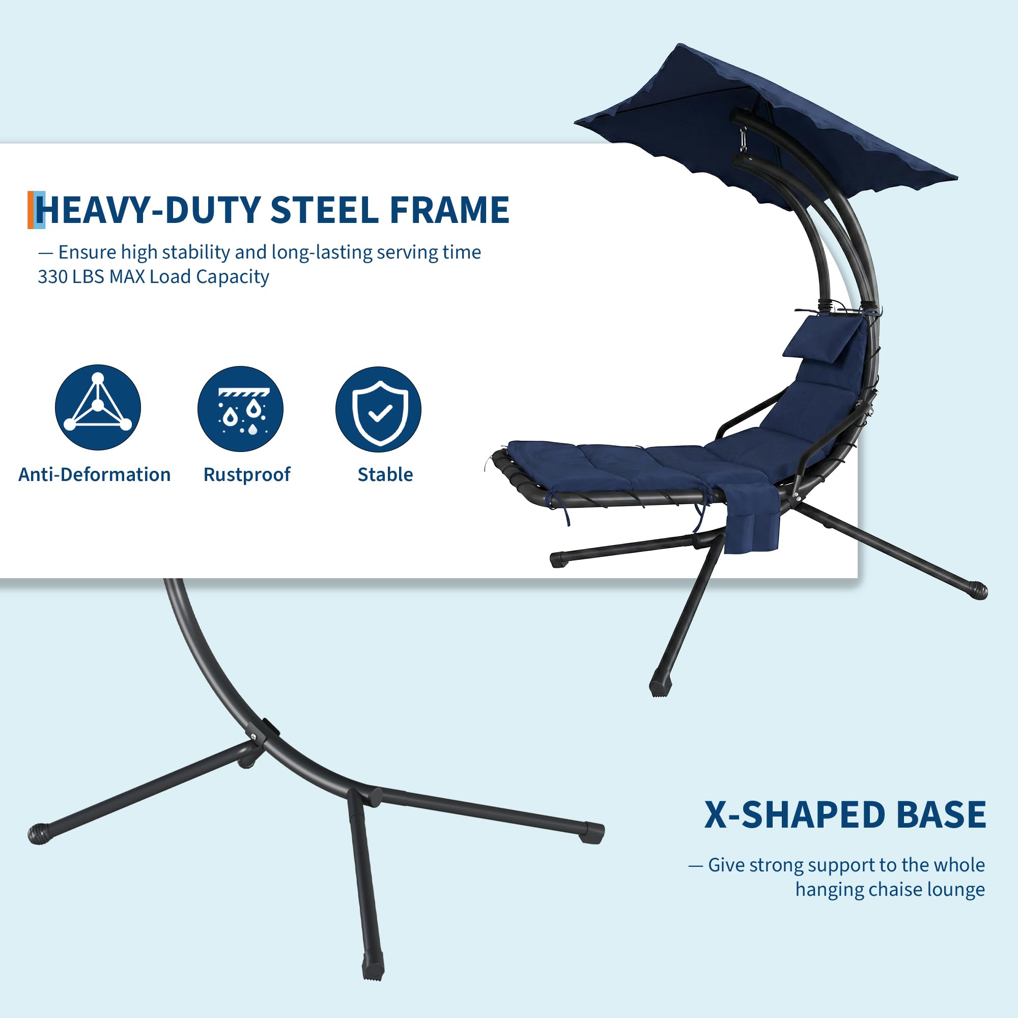 Navy hanging chaise lounge with curved steel frame, X shaped base and 330 lb capacity graphic