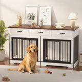 Garvee 71" Dog Crate Furniture for 2 Dogs, Heavy Duty Double Dog Kennel with 3 Drawers, Extra Large Furniture Style Indoor Dog Crate Table TV Stand  for Medium/Large Dogs, White&Walnut - White&Walnut