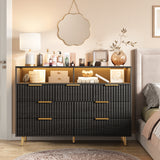 Garvee Modern Fluted 7 Drawer Dresser with LED Lights & Charging Station – Wide Chest with Gold Metal Handles, Wooden TV Stand & Storage Organizer for Bedroom, Living Room, Hallway – Black - Black