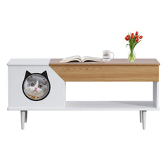 Garvee Cat Litter Box Enclosure, Cat Head Decor Storage Cabinet, Hidden Litter Box Furniture, Wooden Cats Washroom Furniture, Indoor Pet House, 44.9" L x 21.2" W x 20.5" H - #White