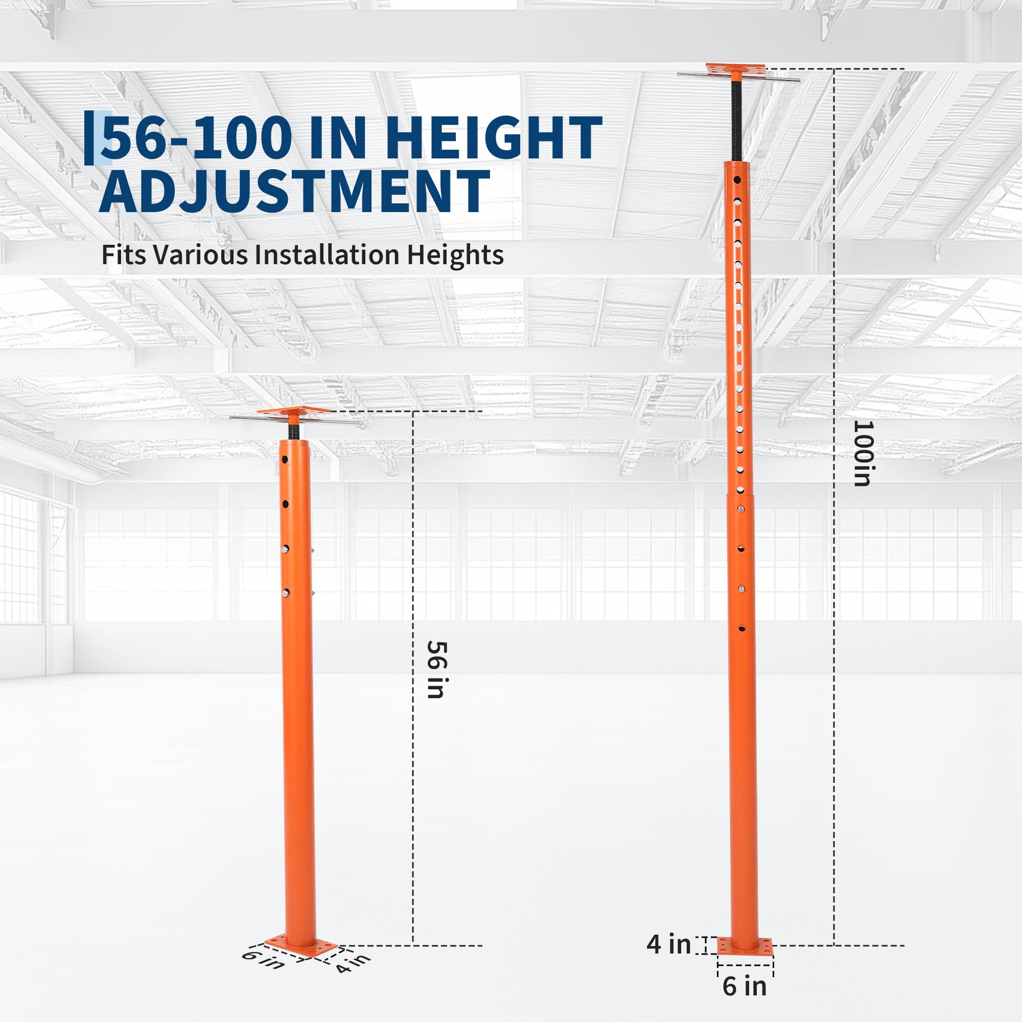 Adjustable jack post showing a 56" to 100" height range and 6"×4" base dimensions