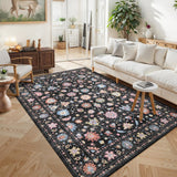 Garvee 5×7ft Folding Printed Area Rug, Machine Washable Non-Slip Low Pile Floral Butterfly Carpet for Living Room Bedroom Nursery, Black - Black