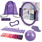 Garvee 13-Piece Home Pilates Set – 13-Inch Fiberglass Magic Circle Ring with NBR PVC Resistance Bands & Fitness Accessories for Core Strength and Flexibility Training (Purple) - Purple