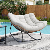 Garvee Oversized Outdoor Papasan Rocking Chair – Deep Curved Cushioned Egg Seat, Heavy Duty 450 lbs Rattan Glider, Comfortable Patio Lounge for Balcony, Porch, or Sunroom, Brown Rattan + Beige Oxford Fabric - Oxford Beige