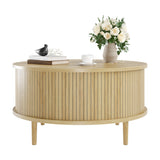 Garvee 31.5 in Round Lift Top Coffee Table with Storage, Fluted Drum Wood Center Table with Hidden Cabinets, Modern Farmhouse/Mid-Century for Living Room & Small Spaces - Color: Natural Wood - Natural Wood