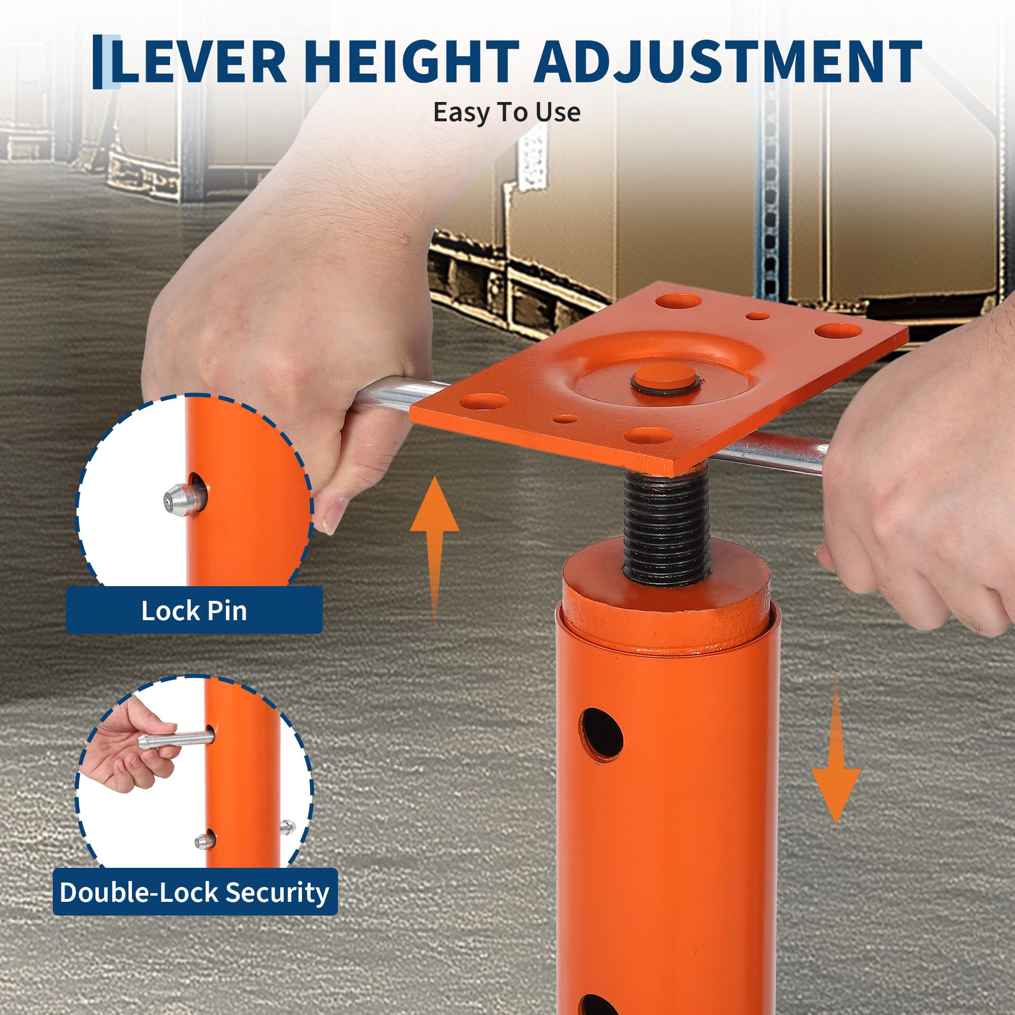 Close view of jack post lever adjustment and two lock pins