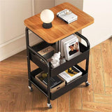 Garvee 3-Tier Rolling Kitchen Storage Cart with Wooden Top – Metal Frame Side Table – 2 Mesh Baskets – Lockable Wheels – Multi-Purpose Organizer for Living Room, Bedroom, Office, Bathroom, Black - Black