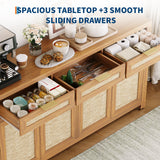 Garvee 63" Farmhouse Rattan Sideboard Buffet Cabinet - 4 Doors & 3 Drawers, Adjustable Shelves, Deep Oak Wood Storage Credenza for Dining Room, Kitchen Coffee Bar or Entryway Console - Color: Dark Oak 1 - Deep Oak