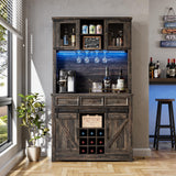 Garvee 72" Farmhouse Coffee Bar Cabinet with LED Lights & Power Outlets, Sliding Barn Doors Kitchen Buffet Hutch, 3 Drawers, Wine Rack & Glass Holder, Color: Deadwood