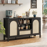 Garvee 59" Boho Rattan Sideboard Buffet Cabinet with Drawer and Open Shelves for Dining Room, Black - Black