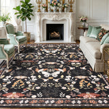 Garvee 8x10 Washable Area Rug, Non-Slip Low Pile Rug with Butterfly Floral, Stain Resistance Carpet for Living Room, Bedroom, Dining Room, Black - Black