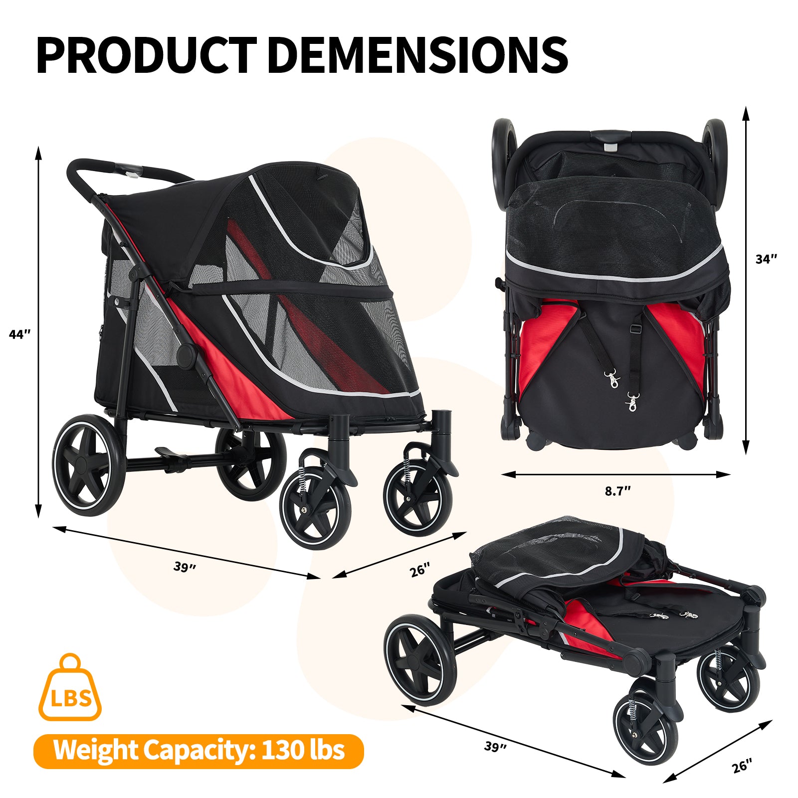 Garvee Large Dog Stroller 4 Wheel Pet Stroller for Medium Dogs or 2 Dogs One-Click Foldable
