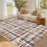 Garvee 5' × 7' Washable Tartan Plaid Area Rug, Soft Non-Slip Low-Pile Stain-Resistant Non-Shedding Rug for Living Room, Bedroom and Nursery, Camel - Beige Brown