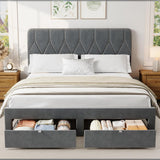 Garvee Velvet Upholstered Platform Bed Frame with 2 Storage Drawers & Headboard – Queen Size – Sturdy Wooden Slats – No Box Spring Needed – Easy Assembly – Color: Gray, Size: Q - Grey