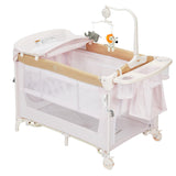 Garvee 4 in 1 Baby Playard, Portable Bedside Crib with Rocking Bassinet & Diaper Changer, Infant Pack and Play with Mattress, Large Toddler Playpen, Newborn Changing Table, Storage Pocket & Rotating Toy Bar - Khaki