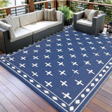 Garvee 9x18 Outdoor Rug, Reversible Waterproof Plastic Straw Patio Mat, Blue & White Geometric Area Rug for Deck, RV, Camping & Backyard - Navy Blue