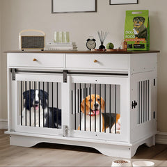 Garvee 47 in Dog Furniture Crate, Large Furniture Style Dog Crate w/ 2 Storage Draws & Removable Divider & Triple Door Design for Large/Medium/Small Dogs, White+Brown Table Top - White+Brown Table Top