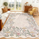 Garvee 9' × 12' Scalloped Mushroom Botanical Area Rug, Machine Washable Non-Slip Low-Pile Soft Rug for Living Room, Bedroom & Dining Room, Beige