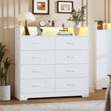 Garvee 8 Drawer Dresser for Bedroom - 47.2” Wide Double Chest of Drawers with LED Light and Charging Station, Modern Large Cabinet Organizer with Open Shelf for Living Room, Entryway, Hallway, White - White
