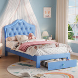 Garvee LED Light Upholstered Bed Frame – Crystal Tufted Velvet Headboard, Storage Drawer, Noise-Free Slats, Easy Assembly, Twin Size Platform for Kids & Teens, Blue - Blue