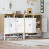 Garvee Farmhouse Shoe Storage Cabinet with 4 Doors - Adjustable Shelves, Holds Up to 30 Pairs - Shoe Rack Organizer for Entryway, Living Room or Closet - Color: Natural Wood + White