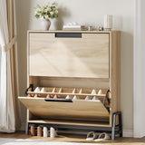 Garvee Shoe Storage Cabinet with 2 Flip Drawers, Freestanding Shoe Organizer with Metal Legs, Narrow Shoe Rack Cabinet for Entryway, Foyer, Hallway, Living Room, Oak