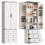 Garvee 72'' Tall Kitchen Pantry Cabinet, Freestanding Tall Cupboard Storage Cabinet with 3 Drawers, Adjustable Shelves, Large Farmhouse Pantries for Living Room, Kitchen, White+Brown Top - Black Small Bas-Relief