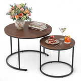 Garvee 23.6/15.7 Inch Round Nesting Coffee Table Set of 2, Round Coffee Table for Living Room, Space Saving Nesting Tables with Faux Marble Top, Metal Frame, Adjustable Feet for Bedroom, Walnut - Walnut